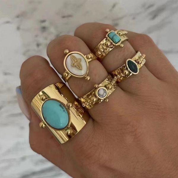 Обручальные кольца Творческое золото, покрытая из нержавеющей стали для женщин, простой геометрический круглый натуральный камень Кольцо с кольцом Бохо Винтажные украшения 230505
