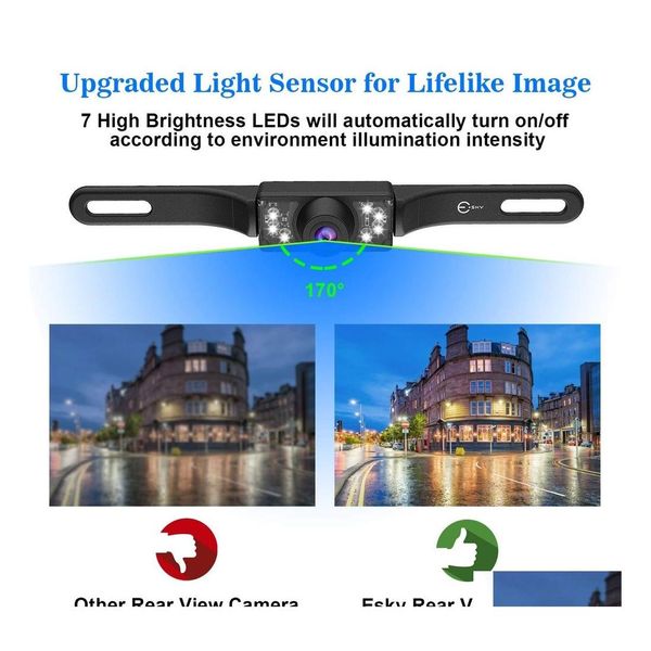 Telecamere per retromarcia per auto Sensori di parcheggio Telecamera di backup per veicoli Impermeabile Hd Colore Ampio angolo di visione Targa con 7 Led luminosi Dhryj