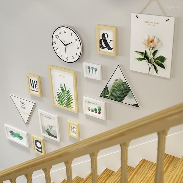 Frames Po Wall Staircase Bilderrahmen-Set Uhr-Layout Blumen-Blatt-Dekor zum Aufhängen, 13 Stück