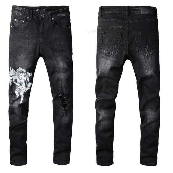 Moda masculino de jeans de estilo legal designer de luxo jeans calma angustiada motociclista raspada preta azul jean slim fit motocicleta tamanho 28-404xj9