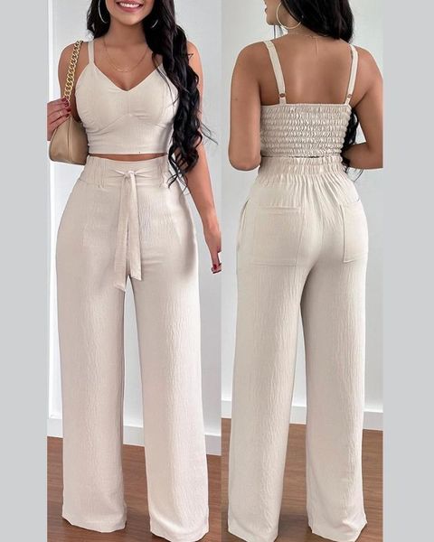 Pantaloni da donna a due pezzi Tow Piceses Completi da donna Scollo a V Senza maniche Arricciato Crop Top Tasca Design Elegante da lavoro Lady Wide Leg Set 230505