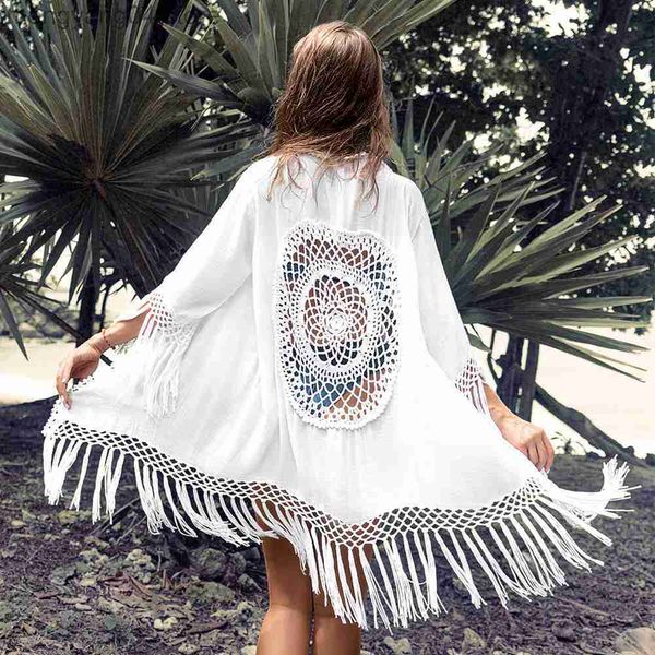 Costumi da bagno da donna 2021 Estate Bohemian Frange Beach Cover-Up Bikini bianco Cardigan lungo all'uncinetto Scava fuori Kimono sexy Costumi da bagno Vacanza Gita Nuovo T230505