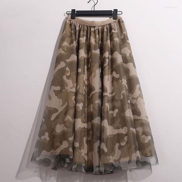 Saias Camuflagem Tulle Salia Mulheres elásticas da cintura alta Mesh Longo Tutu feminino Jupe Longue