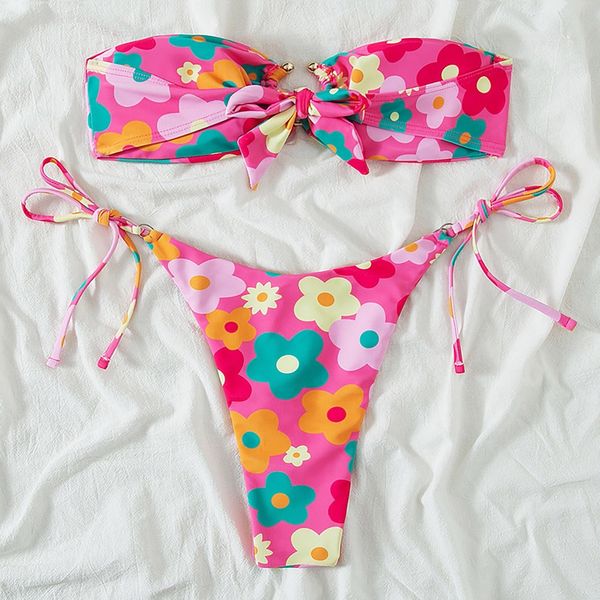 Womens Swimwear Awear Bikini Floral Mulheres Pink sem alças Baixa cintura de roupas de banho de banho de banho 2 pedaços de maiô de banho Biqiuni 230504