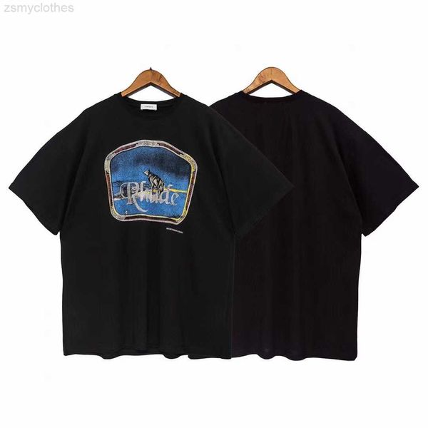 Erkek Tişörtleri Rhude Lone Woldhigh Street Lengan Pendek Gambar Serigala Katun Kualitas Tinggi Modu Sıradan T-Shirts Erkek Hip-Hop Moda T Shirt