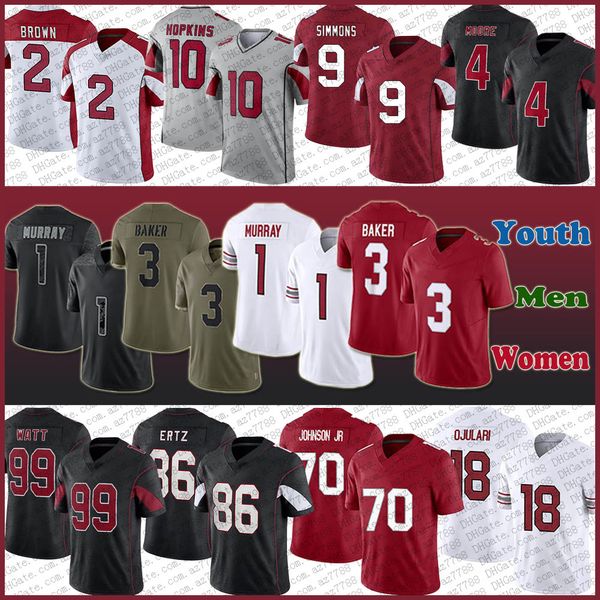 1 Kyler Murray Budda Baker Camisola de Futebol Personalizada Homens Mulheres Crianças DeAndre Hopkins Isaiah Simmons Marquise Brown Zach Ertz Paris Johnson Jr BJ Ojulari Garrett Williams