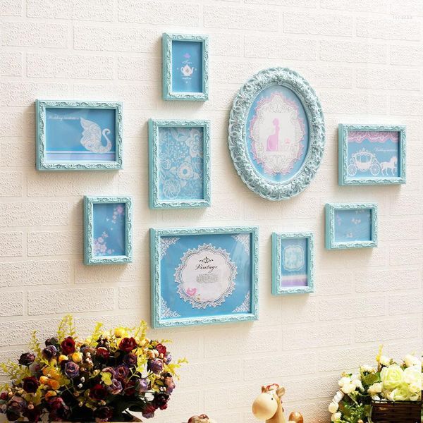 Frames 9 Boxes Po For Picture Wall Girl Room Decora Frame Elegant Blue Carved Decoration Painting