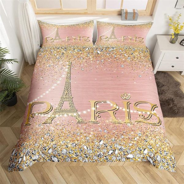 Set di biancheria da letto Set copripiumino Torre Eiffel Singolo Twin King per bambini Ragazza Teen Room Paris Microfiber Gradient Diamond Quilt