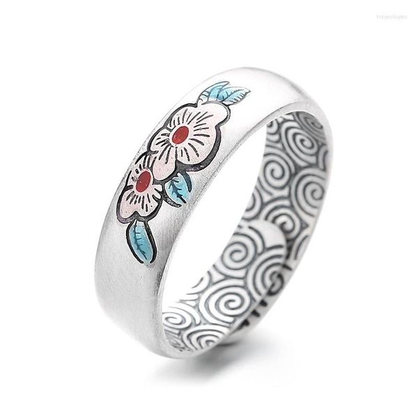 Cluster Ringe 774J ZFSILVER Silber 925 Trendy Einstellbarer Luxus Retro Emaille Bemalte Pflaumenblüte Blumenring Mädchen Frauen Hochzeitsfeier