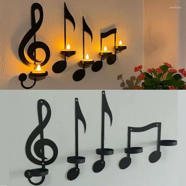 Portacandele Black Music Note Portacandele da parete Candeliere Creativo in metallo a forma di chiave musicale Espositore luminoso Decorazioni per la casa