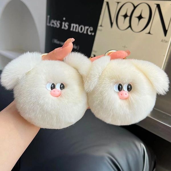 Gerçek Rex Tavşan Kürk Pig Keychain Pompom Top Çanta Cazibesi Çanta Telefon Kolye Keyasyon Tasselleri