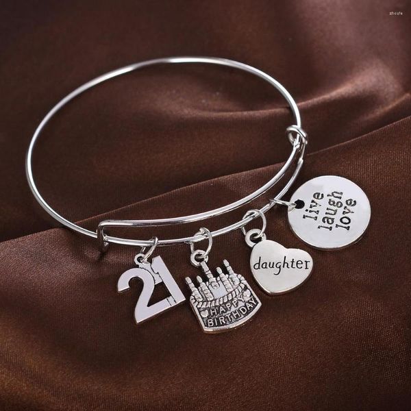 Armreif Live Laugh Love Bangles Chic Geburtstagstorte Nummer 21 Armband Tochter Herz Mädchen Frauen Familie Charm Schmuck Party Geschenk Souvenir