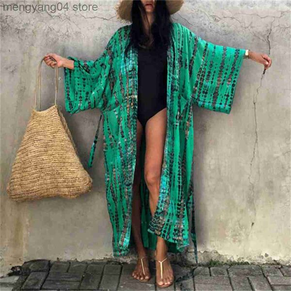 Costumi da bagno da donna 2021 Copricostume bikini sexy Boho Stampato con frange lunghe Kimono Carfigan Tunica Abbigliamento da spiaggia da donna Costume da bagno Cover Up Shirt T230505