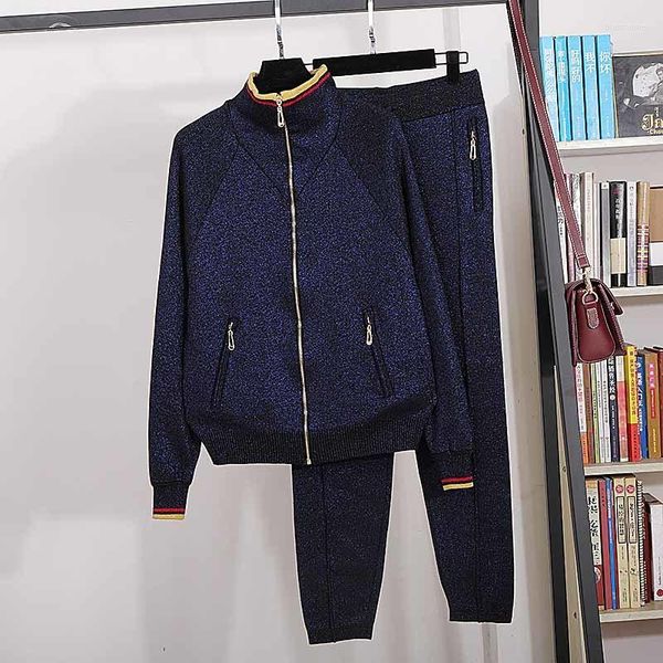 Damen Zweiteilige Hose Dunkelblau Helle Seide Gestrickte Trainingsanzüge Set Damen Lose Rollkragenpullover Reißverschluss Strickjacke Lange Bleistift 2-teilige Outfits