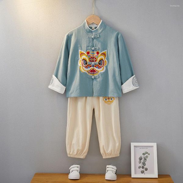 Ethnische Kleidung 2 Stücke Traditionelles Chinesisches Hanfu Für Kinder 2023 Jahre Roter Junge Tang-Anzug Stickerei Retro Outfit Langarm Top Hosen