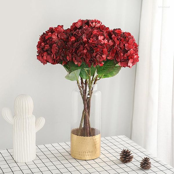 Fiori decorativi Seta artificiale di ortensia rossa per la decorazione domestica Bouquet da sposa Sposa fiore finto finto soggiorno