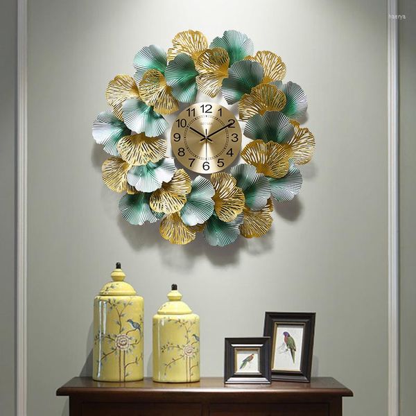 Relógios de parede chineses ferro forjado ginkgo folhas de luxo hastes artesanato em casa sala de estar decorando mural de escritório
