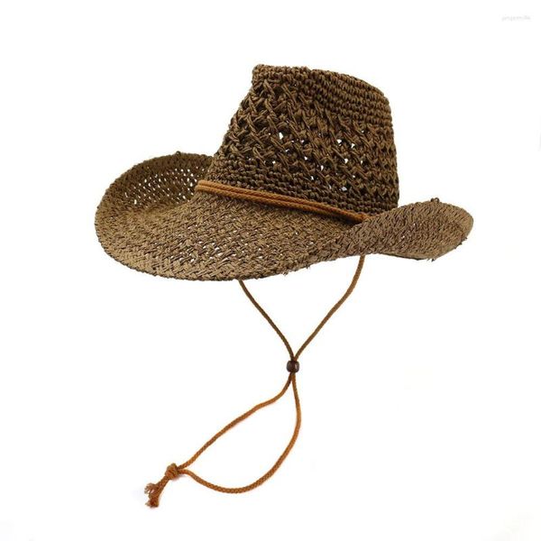 Cappelli a tesa larga Cappello da sole Donna Estate Cowboy Panama Paglia Spiaggia String Traspirante Cappello da esterno Accessorio per signora