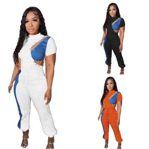 Agasalho de treino feminino plus size 3xl ternos de personalização 2023 nova moda casual combinação de cores sólidas jeans conjunto de duas peças calças