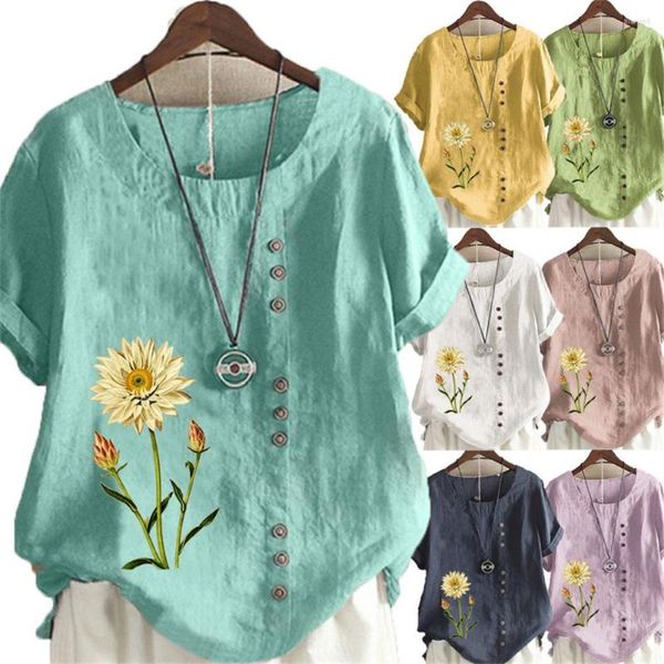 Blusas femininas amarelas camisa de linho de algodão de girassol amarelo mulheres de verão casual de manga curta de gola Ochau de flores de flores de flores