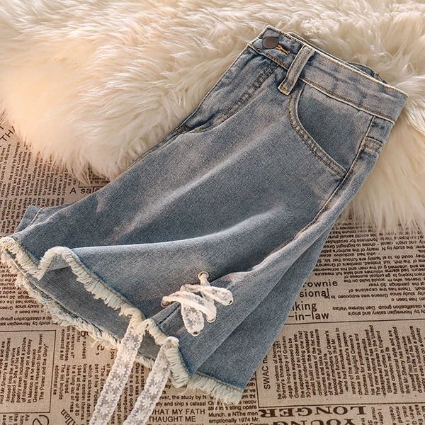 Damen Shorts Sommer Cools Mädchen Hot Pants Jeans Beiläufige Lose Hohe Taille Spitze Verband Damen Shorts Zerrissene Löcher Quasten Kurze Jeanshose Z0505