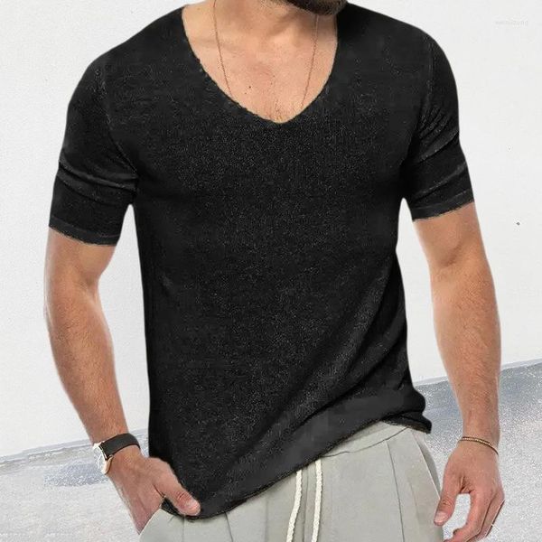 Camisetas masculinas 2023 homens Sexy V Camiseta de malha de pescoço casual slim tops de manga curta camiseta de camiseta masculina camisetas respiráveis