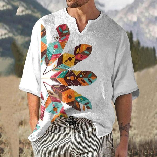 Herren T-Shirts Ethnischer Federdruck Herren T-Shirt Folk Retro Totem Geometrisch Kurzarm T-Shirts Top Sommermode V-Ausschnitt Tops Chemise 2023