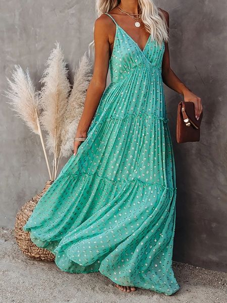 Abiti casual Maxi abiti bohémien Donna Summer Green Strappy Sundress Moda femminile Casual Long Beach Sundress Chic stampato Boho Dress 230505