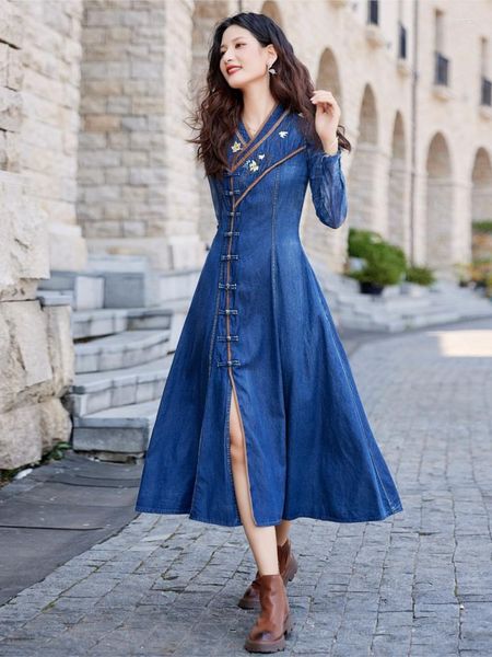 Vestidos casuais qpfjqd 2023 fêmea retro moda jeans bordado bordando mulheres estilo chinês castn vestido azul original peito único