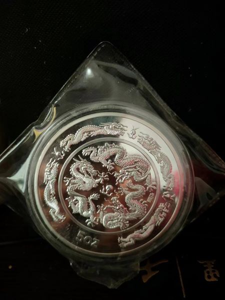 Arts and Crafts Chinese Shanghai Mint Ag.999 5 oz Silbermünze mit Tierkreiszeichen, Drachen und Blumen