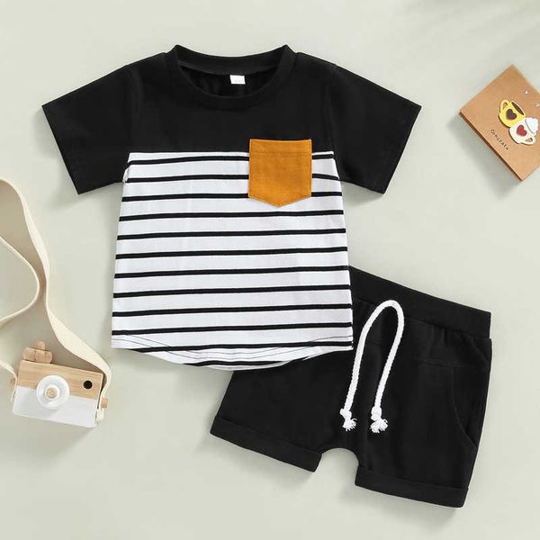 Set di abbigliamento FOCUSNORM Toddler Baby Boys 2 pezzi Set di vestiti 0-3Y T-shirt a maniche corte patchwork tasca a righe Pantaloncini neri Drstring AA230504