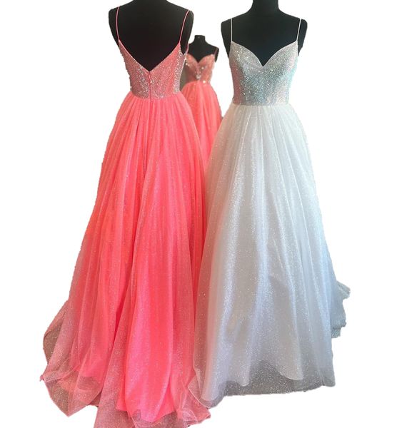 Schimmerndes Ballkleid 2k23 funkelnde Wassermelone mit V-Ausschnitt, Spaghettiträgern, Pailletten, Damenfestzug, formeller Abendveranstaltung, Party, Landebahn, schwarze Krawatte, Gala, Drama, Kleid, Weiß