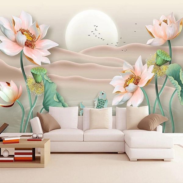 Papéis de parede Documentos de parede decoração de casa mural pó estilo chinês 3d Tridimensional Lotus abstrato paisagismo suprimentos de papel de parede de fundo