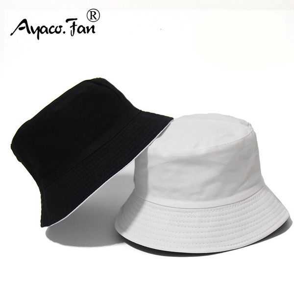 Ampla borda chapéus balde preto pontos sólidos chapéu dois lados desgaste unisex simples bob bonés hip hop gorros homens mulheres panamá boné praia pesca boonie sunhat 230504