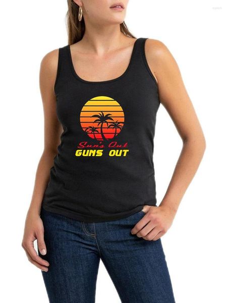 Canotte da donna Sun's Out Guns Canotte muscolose retrò anni '80 T-shirt da allenamento fitness senza maniche con grafica al tramonto da spiaggia casual