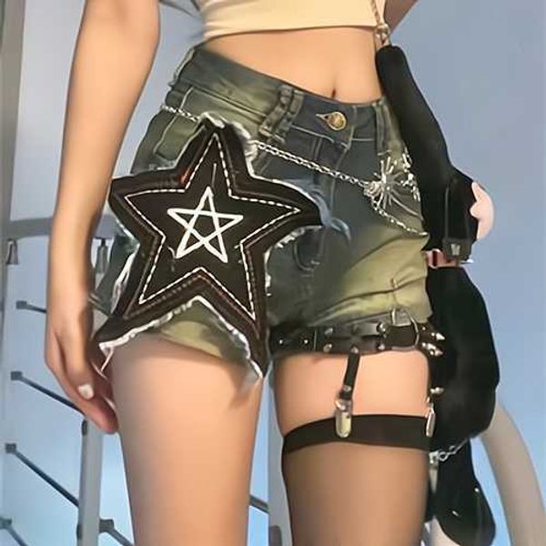 Shorts femininos vintage punk y2k milênio milênio picante garotas jeans shorts femininos de verão nova cintura alta perna de estrela largo calças quentes z0505