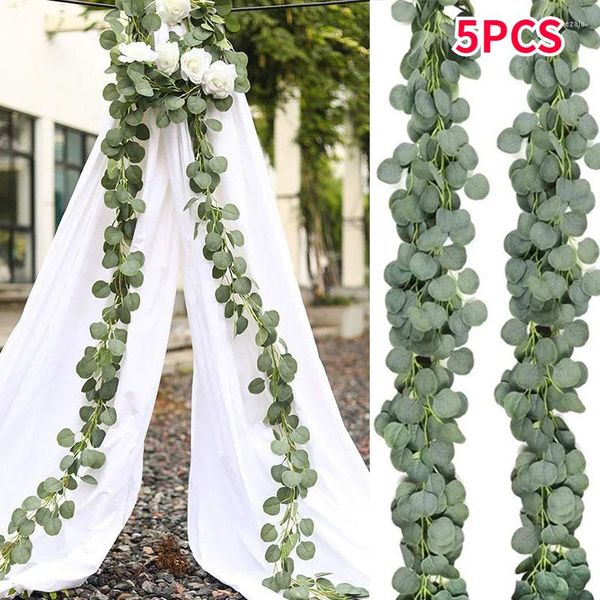 Flores decorativas 5pcs eucalyptus guirlanda artificial decoração de parede de parede de prata vegetação folhas de videiras para arco de casamento