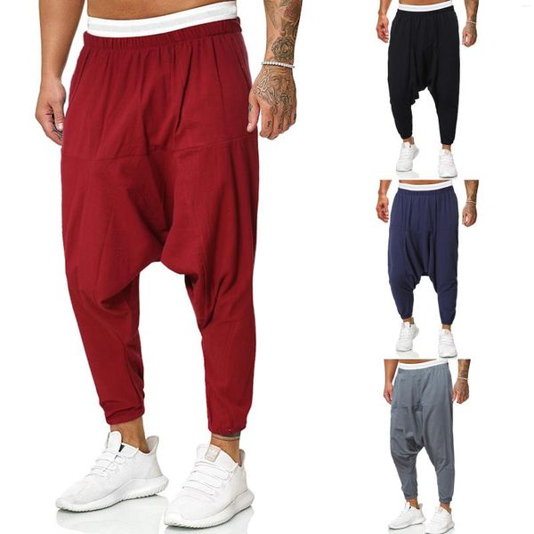 Calça masculina linho homens negros cair algodão de algodão de rua de algodão 2023 harem masculino de hip hop homem pernas largas