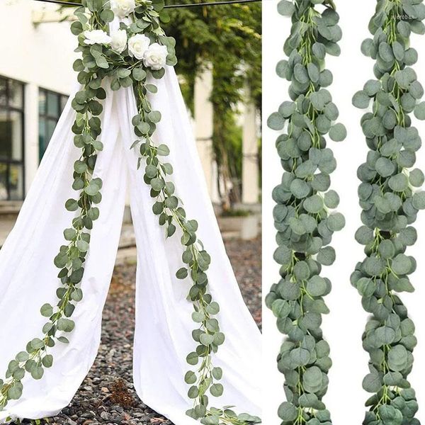 Flores decorativas 2m Eucalyptus guirlanda artificial decoração de parede de parede prateada vegetação folhas planta de videiras para arco de casamento