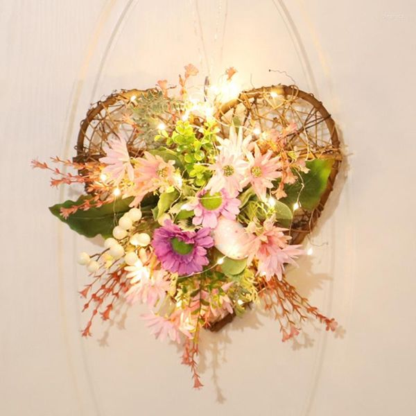 Fiori decorativi LED San Valentino Ghirlanda Ghirlanda a forma di cuore artificiale per la festa nuziale Ornamenti da parete per porta d'ingresso Decorazione domestica