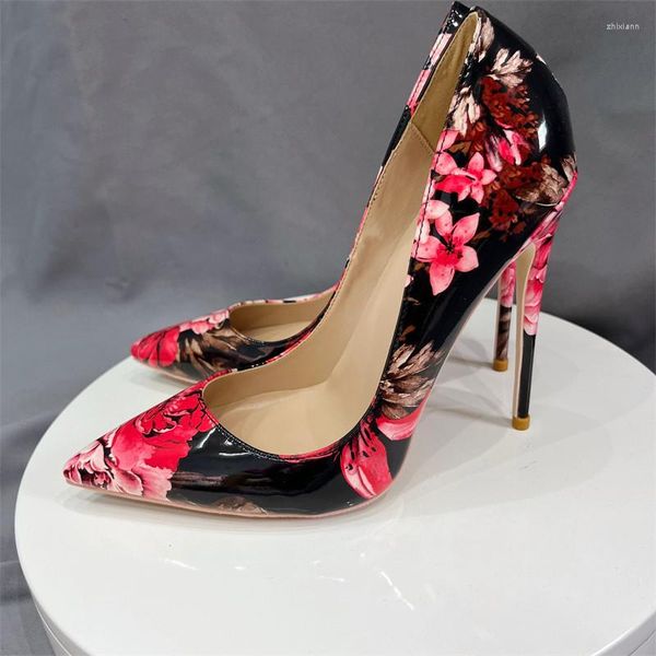 Elbise Ayakkabı 2023 Çiçek Baskı Kadınlar Parlak Patent Çiçek Stiletto Pompalar Sivri Yüksek Topuk Şık Boyut 34-45