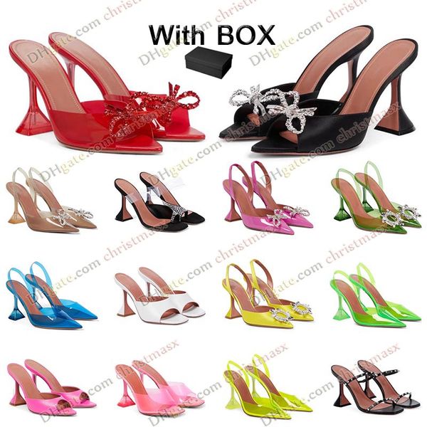 2023 mit Box Amina Muaddi Designer High Heel Sandalen Frauen Quadratische Schnalle Strass Hohl Weiß Schwarz Grün Dame Hochzeit DHgate Hochhackige Sandalen Mode Heels