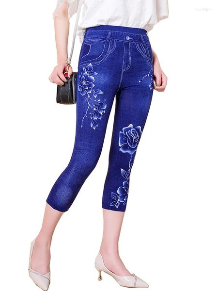 Damen-Leggings INDJXND Pfingstrose bedruckte Jeggings Lässige Damen-Imitat-Jeans mit hohem Stretch-Anteil Sport-Yoga-Hosen imitierte Denim-Caprihosen in Übergröße