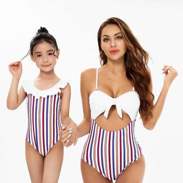 Bikini da bagno per bambini genitore One pezzi per bambini a strisce madre e figlia costumi da bagno all'ingrosso