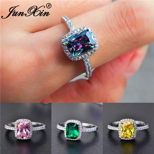 Fedi nuziali Fashion Mystic Fire Crystal Stone per le donne Colore argento Quadrato Blu Rosa Zircone Matrimonio Anello di fidanzamento Gioielli Boho 230505