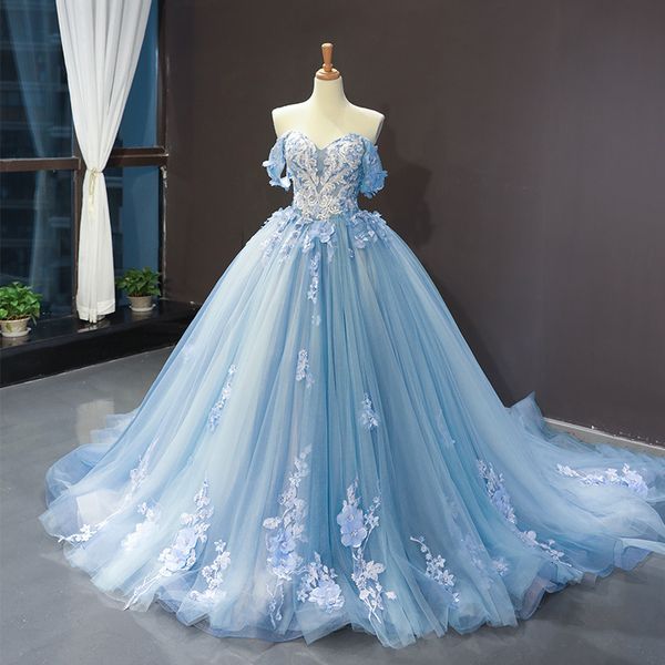 Partykleider Blaues Quinceanera-Klassisches schulterfreies Prinzessin-Abschlussballkleid Spitzenapplikationen Ballkleid mit kleiner Schleppe Sondergröße 230505