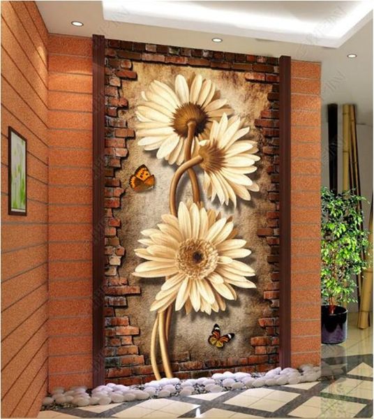 Tapeten Benutzerdefinierte Po Wandbild Tapete Vintage Chrysantheme 3D Stereo Backstein Wohnzimmer El Eingang Dekor Papel De Parede