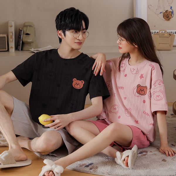 Menom Sleepwear Summer Casal de algodão shorts de manga curta pijamas Conjunto Homem Men Oversize Black Sleepwear