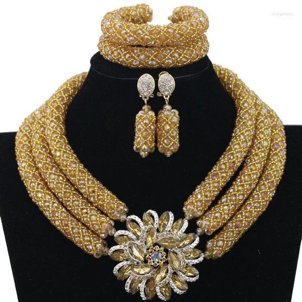 Halskette Ohrringe Set Chunky Gold Kristall Perlen Frauen Braut Modeschmuck Hochzeit Afrikanische 2023 BN296 Stre22