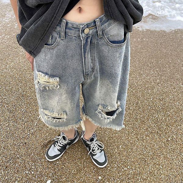 Shorts masculinos jeans vintage hollow out jean calças curtas soltas meio jeans reto para homens 2023 Summer Beach Casual Pant Fashion Bottom Bottom